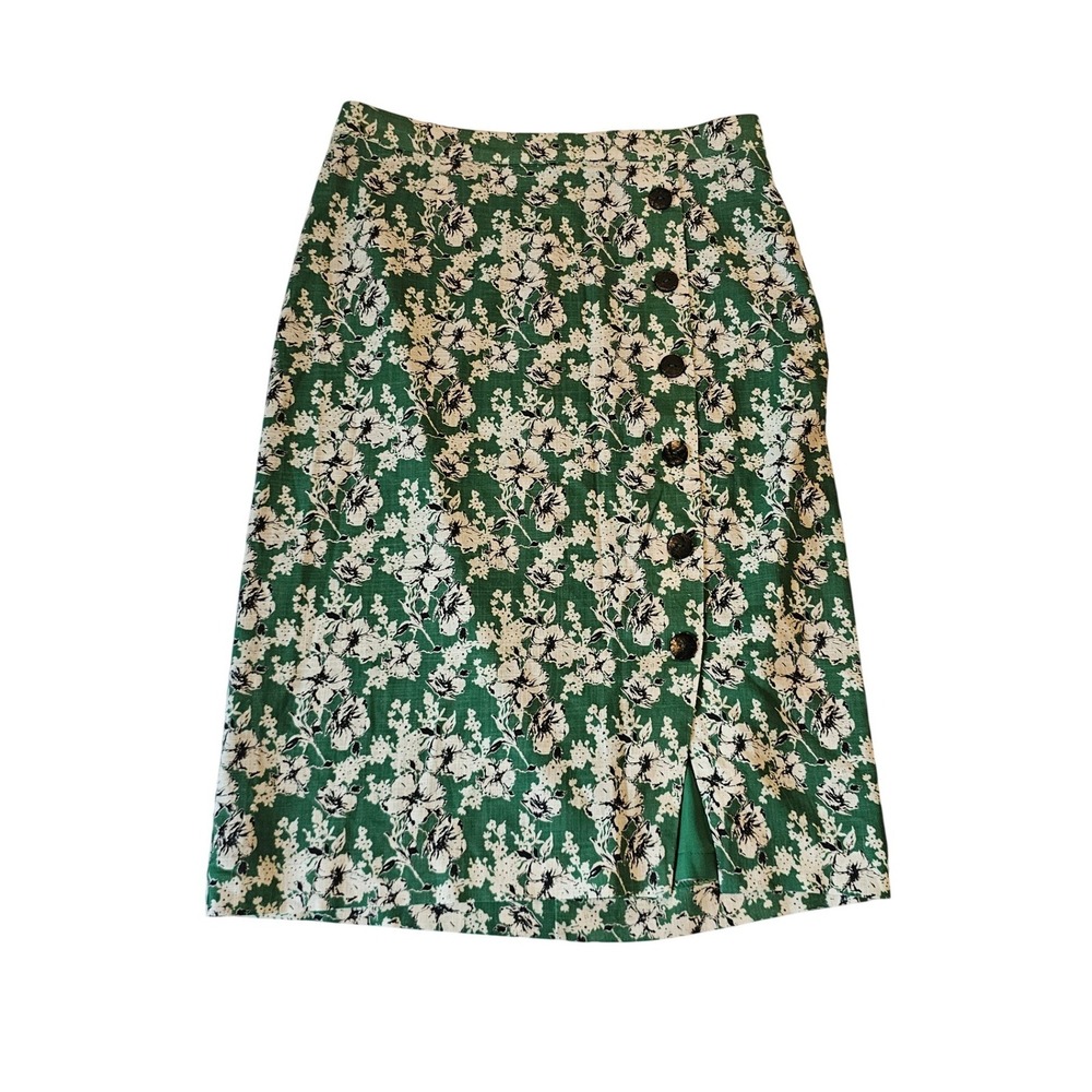 Hutch Green Floral Cotton Linen Blend Button Side A-Line Midi Skirt Womens 10